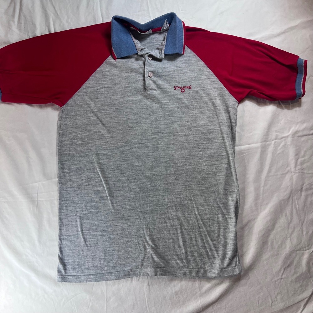 Vintage Spalding Mens Polo Shirt Medium Grey Red Blue Raglan Short Sleeve Logo